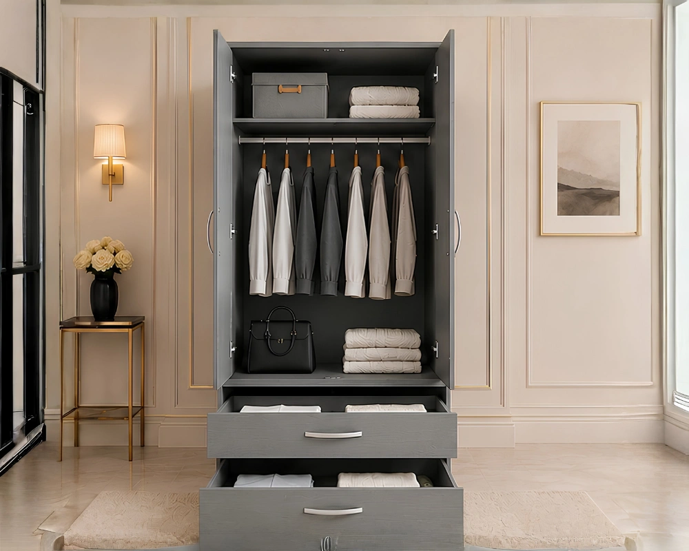 Two Door Wardrobe with Bottom Drawers with gray colors wardrobe - Modern wardrobe - Image 4