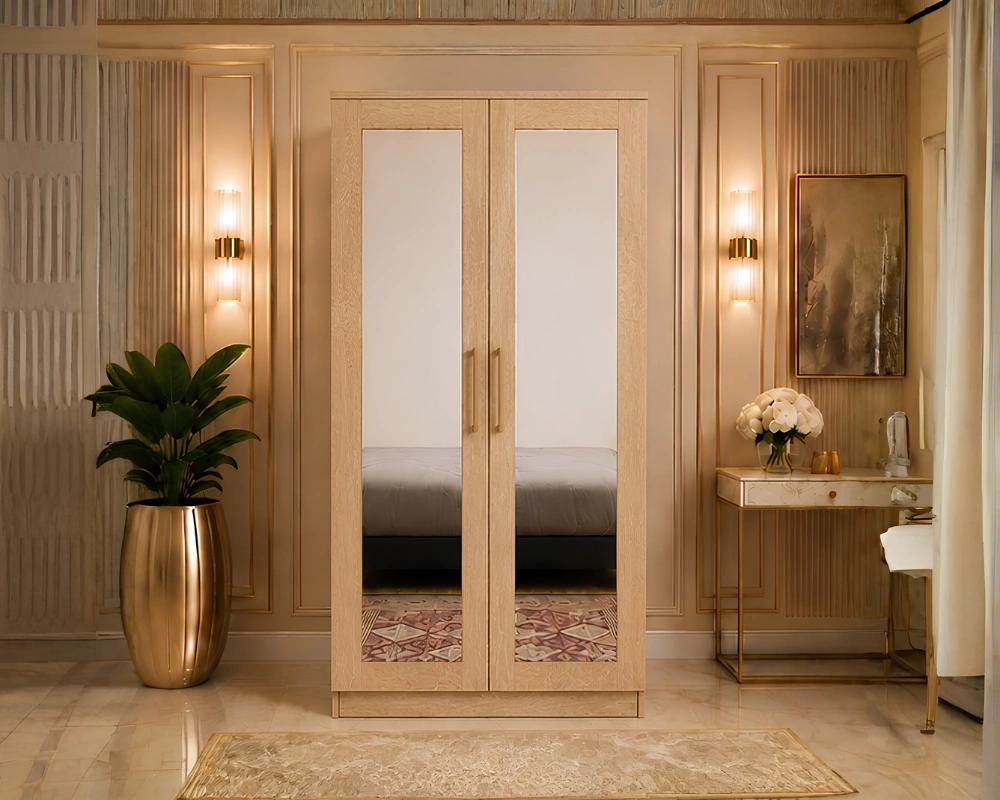Modern 2 Door Wardrobe with Dual Full-Length Mirrors - Two Door Wardrobe with 2 Mirrors