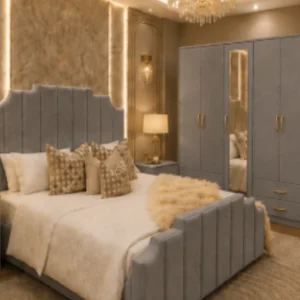 Master Bedroom Double Bed Set - five Door Wardrobe With Four Drawer - Chest of Five Drawers With Two Bed Side Table