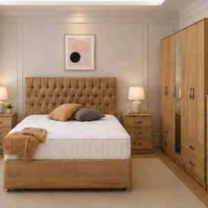 Modern Complete Bedroom Set – Double Bed with 5 Door Wardrobe, Full Length Mirror, Four Bottom Drawers, Five Drawer Chest & Two Bed Side Tables