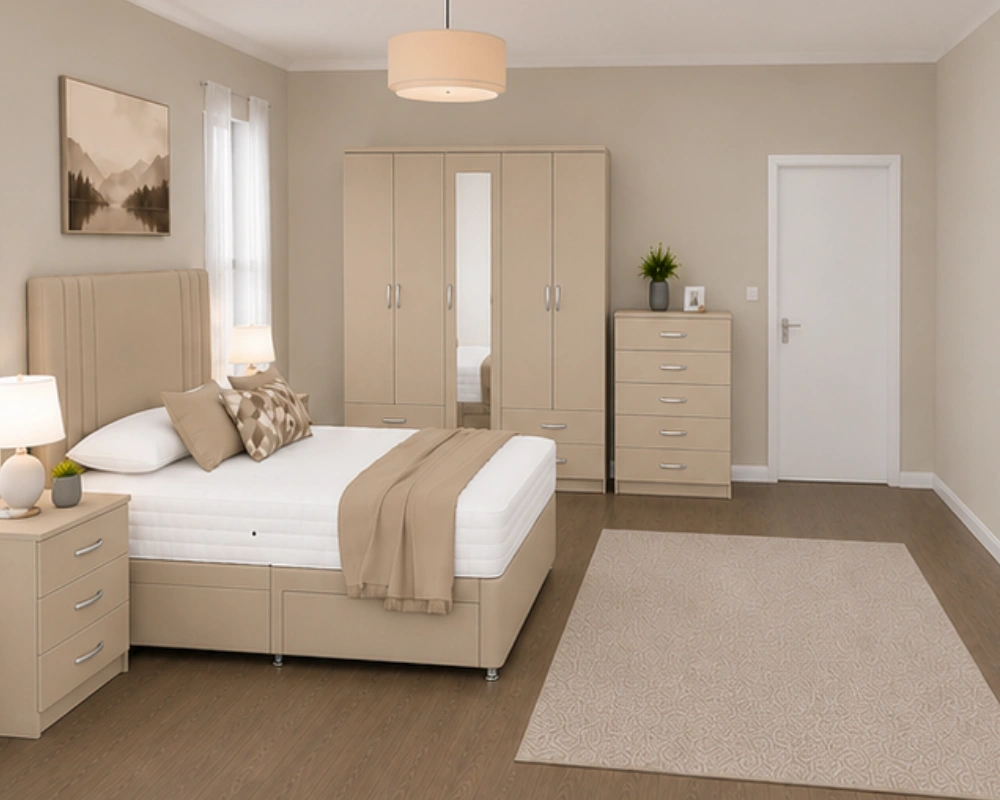 Luxury Double Bed Furniture Set – Five Door Wardrobe with Four Bottom Drawers – Chest of Five Drawers with Two Bedside Tables - Image 3