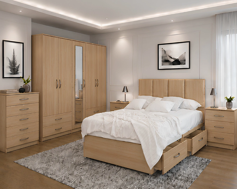 Stylish Double Bed Furniture Set – 5 Door Full Length Mirror Wardrobe with Four Bottom Drawers – Chest of Five Drawers & Two Bed Side Tables - Image 2