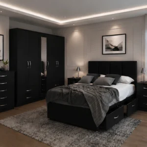 Luxury Double Bed Furniture Set – Five Door Wardrobe with Full Length Mirror & Four Bottom Drawers – Chest of Five Drawers with Two Bed Side Tables