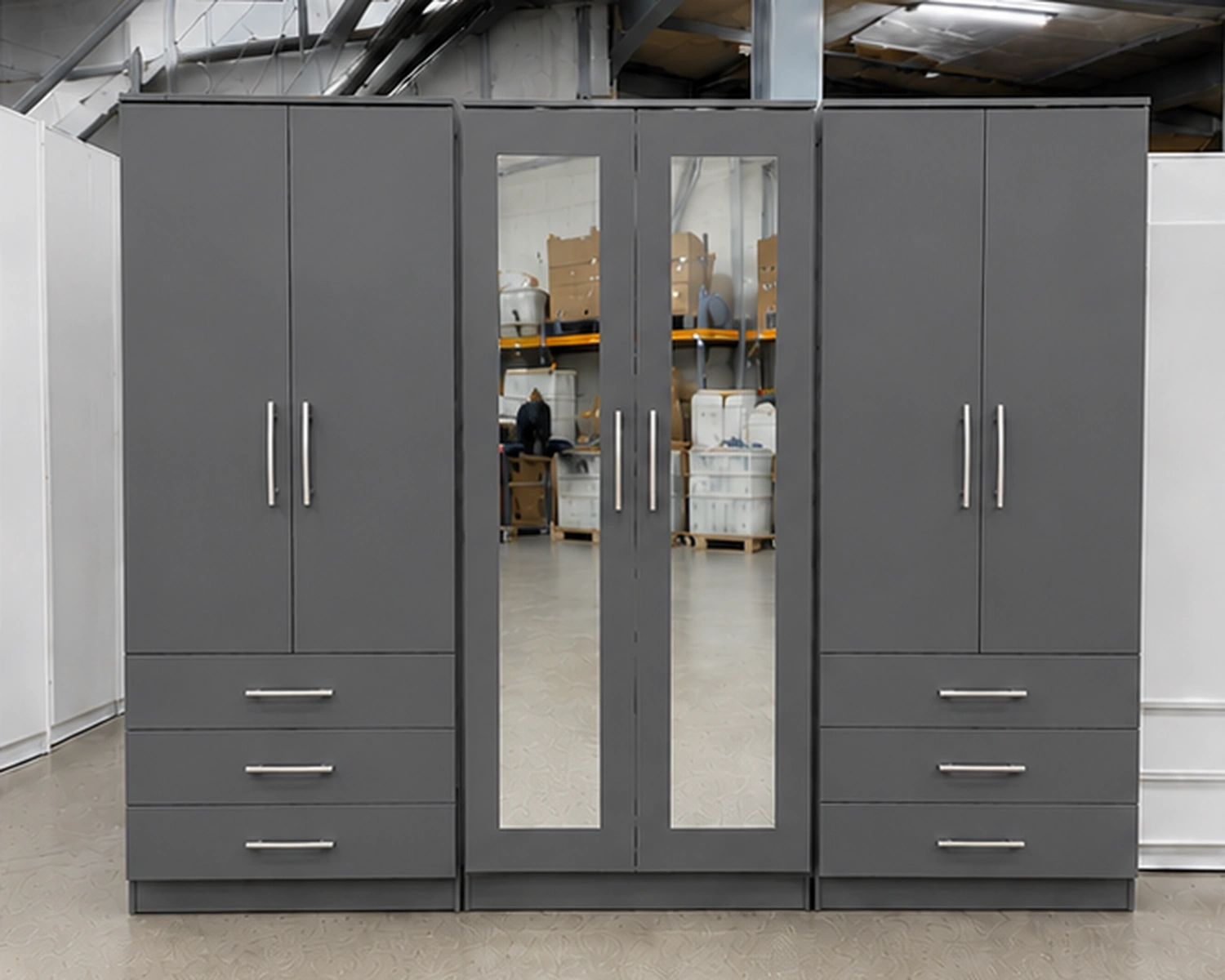 6 Door Light Grey Wooden Wardrobe with 6 Drawers & 2 Mirrors – Modern Bedroom Storage Cabinet - Image 2