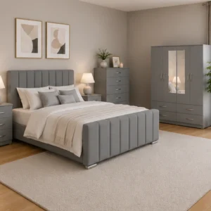 Contemporary King Size Bed Furniture Set - Four Door Mirror Wardrobe With Bottom Drawers - Chest of Five Drawers - Two Bedside Tables