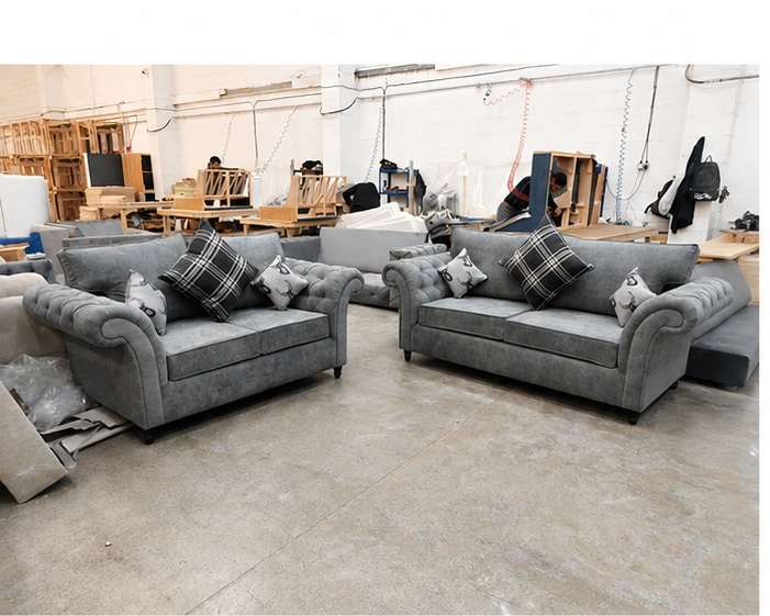Grey 3+2 Seater Luxury Sofa Suite – Elegant Chesterfield Rolled Arm Design