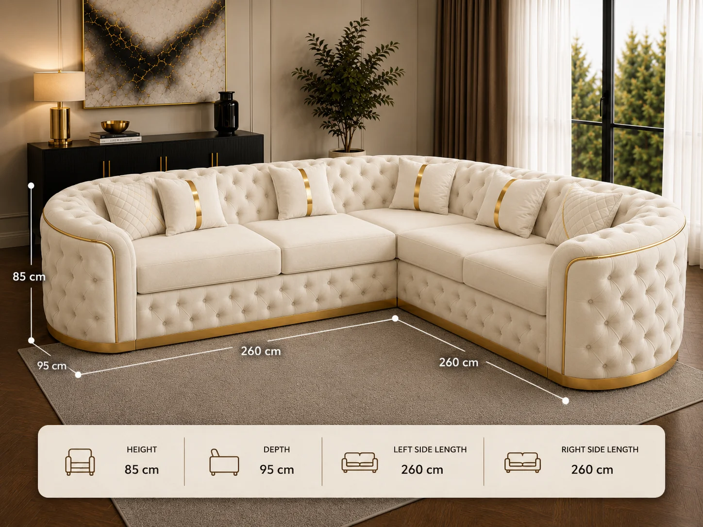 Executive White Velvet L-Shaped Chesterfield Corner Sofa with Gold Trim - Image 5