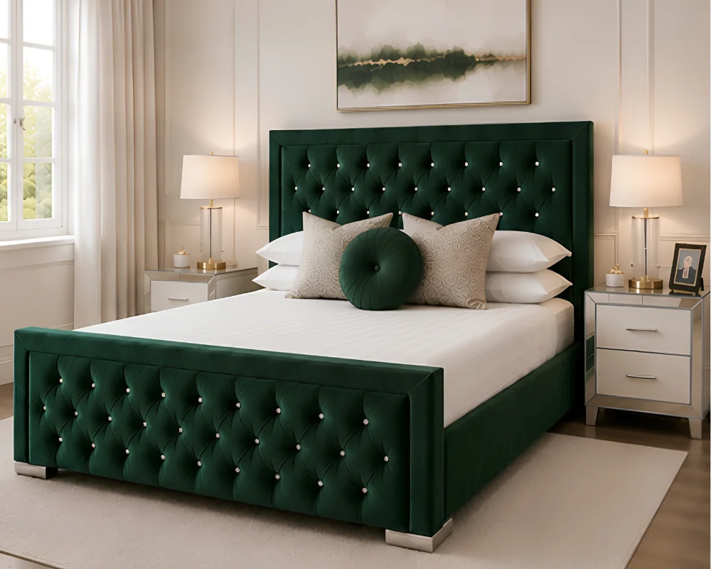Rich Green Hilton King Bed with Mattress – Stylish Padded Headboard Design - Image 4