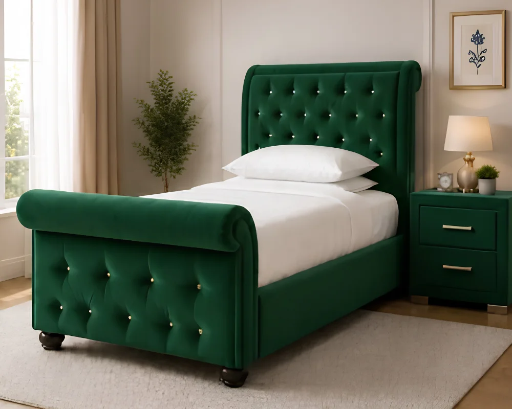 Green Velvet Single Bed with Chesterfield Style Sleigh Headboard-Single Bed with mattress - Image 3