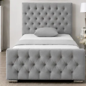 Light Grey Chesterfield Style Single Bed - Velvet Upholstered Bed Frame with mattress