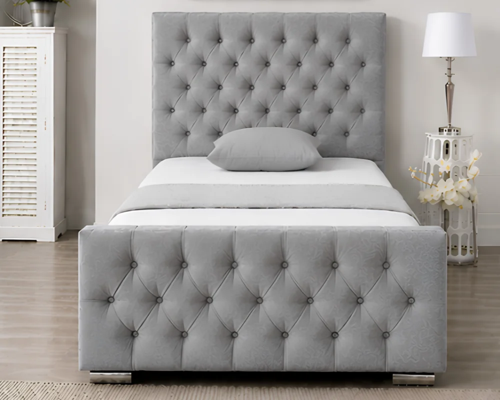 Light Grey Chesterfield Style Single Bed - Velvet Upholstered Bed Frame with mattress