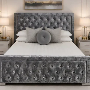 Glamorous Silver Hilton Bed Frame with mattress – Premium Padded Double Bed 160×200 cm with Mattress