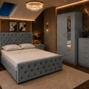 Stylish Home Furniture Set - King Size Bed - Two Door Mirror Wardrobe - Five Drawer Chest - Matching Bedside Tables