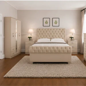 Complete Bedroom Furniture Collection – Double Bed, 5 Door Wardrobe with Full Length Mirror, Chest of Five Drawers & Matching Bed Side Tables