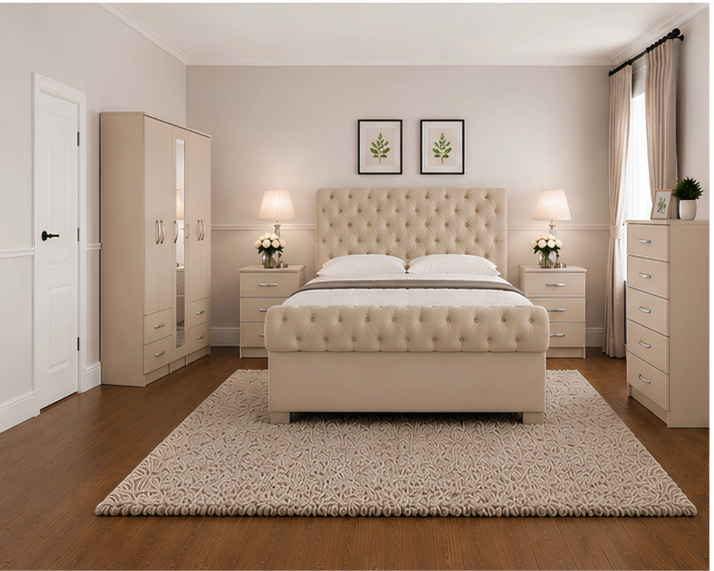 Complete Bedroom Furniture Collection – Double Bed, 5 Door Wardrobe with Full Length Mirror, Chest of Five Drawers & Matching Bed Side Tables