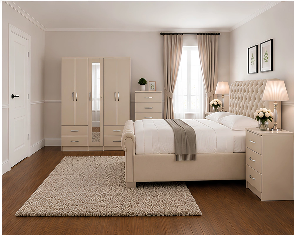 Complete Bedroom Furniture Collection – Double Bed, 5 Door Wardrobe with Full Length Mirror, Chest of Five Drawers & Matching Bed Side Tables - Image 2