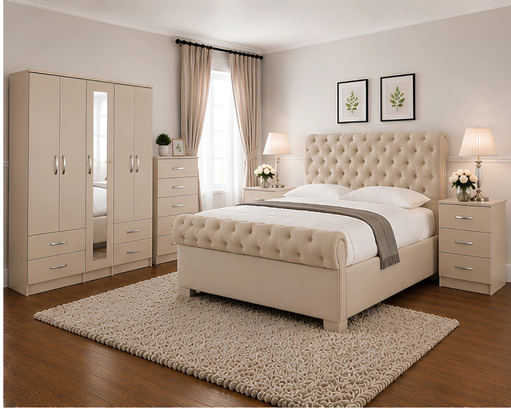 Complete Bedroom Furniture Collection – Double Bed, 5 Door Wardrobe with Full Length Mirror, Chest of Five Drawers & Matching Bed Side Tables - Image 3