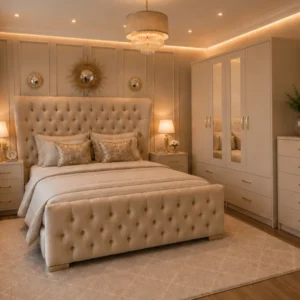 Minimalist King Size Bed – with Four Door Wardrobe With Four Drawer - Chest of Five Drawers With Two Bed Side Table