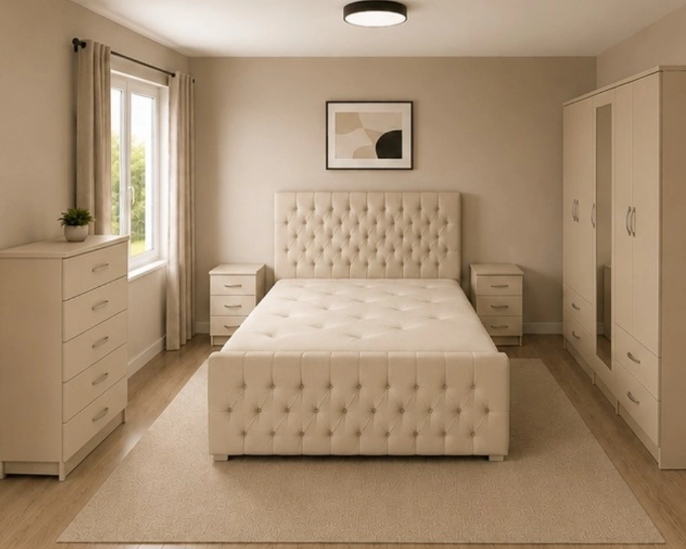 Modern King Size Bed Furniture Collection - Five Door Wardrobe With One Mirror And Four Bottom Drawers - Chest of Five Drawers With Two Bed Side Tables - Image 2
