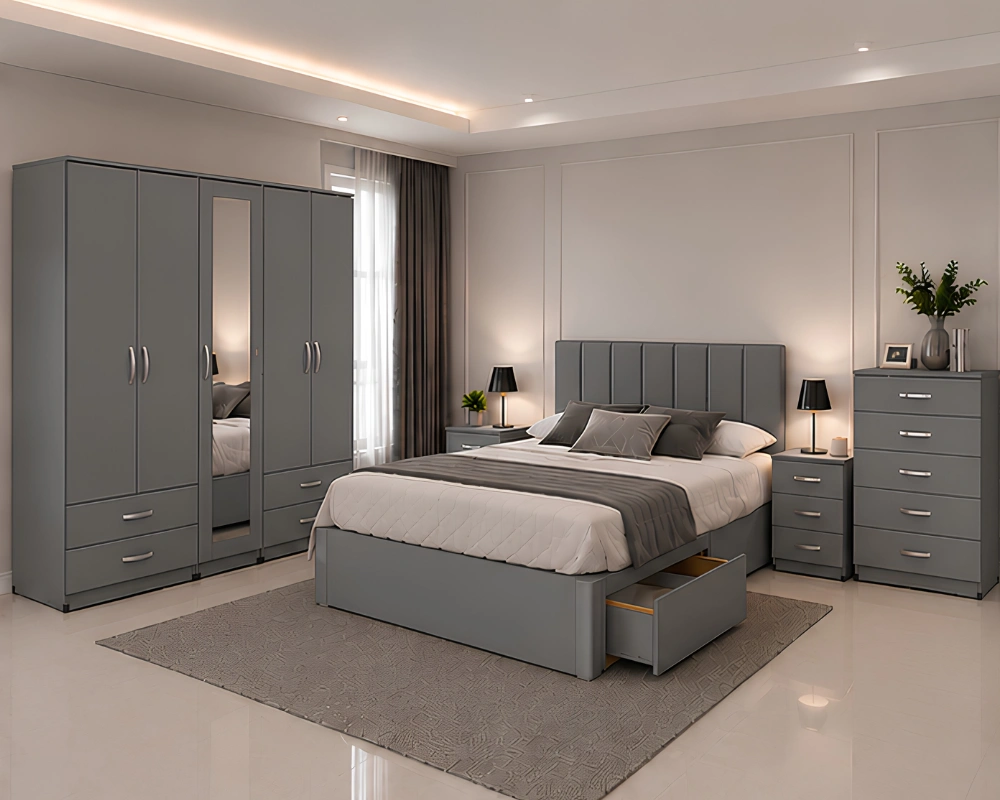 Complete Bedroom Furniture Collection – Double Bed, 5 Door Wardrobe with Full Length Mirror, Chest of Five Drawers & 2 Bed Side Tables - Image 2