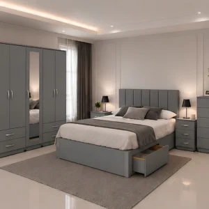 Modern Double Bed Furniture Set – 5 Door Mirrored Wardrobe with Four Bottom Drawers – Chest of 5 Drawers & Two Bed Side Tables