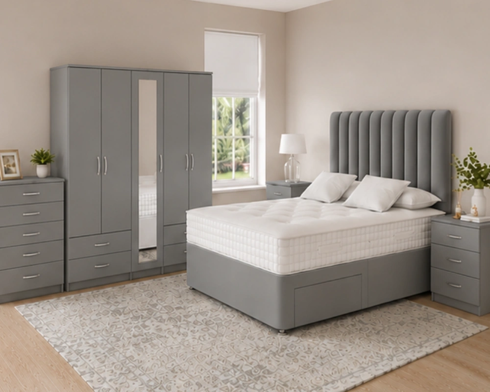 Modern Luxury Double Bed Set – Five Door Wardrobe Featuring Full Length Mirror, Four Bottom Drawers, Chest of Five Drawers & 2 Bed Side Tables - Image 4