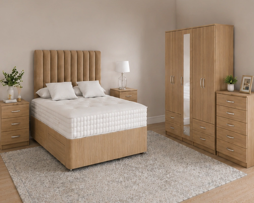 Luxury Double Bedroom Package - 5 Door Mirror Wardrobe With Four Bottom Drawers - Five Drawer Chest - Two Bedside Tables - Image 2