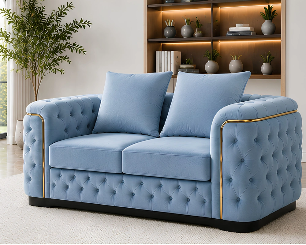 Madrid Light Blue 2 Seater Sofa – Luxury Chesterfield Fabric Sofa with Gold Accents | UK - Image 2