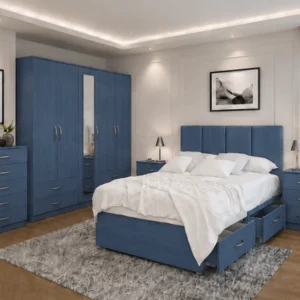 Luxury Complete Bedroom Furniture Set – Double Bed, Five Door Full Length Mirror Wardrobe with Four Bottom Drawers, Chest of Five Drawers & Two Bed Side Tables