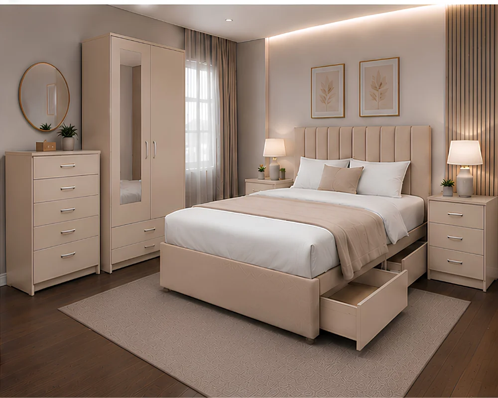 Complete Beige Bedroom Furniture Collection - Bed, Wardrobe, Chest of Drawers & Side Tables - Image 3