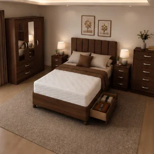 Elegant Bedroom Storage Collection - King Size Bed - Three Door Mirror Wardrobe - Five Drawer Chest - Matching Bedside Tables
