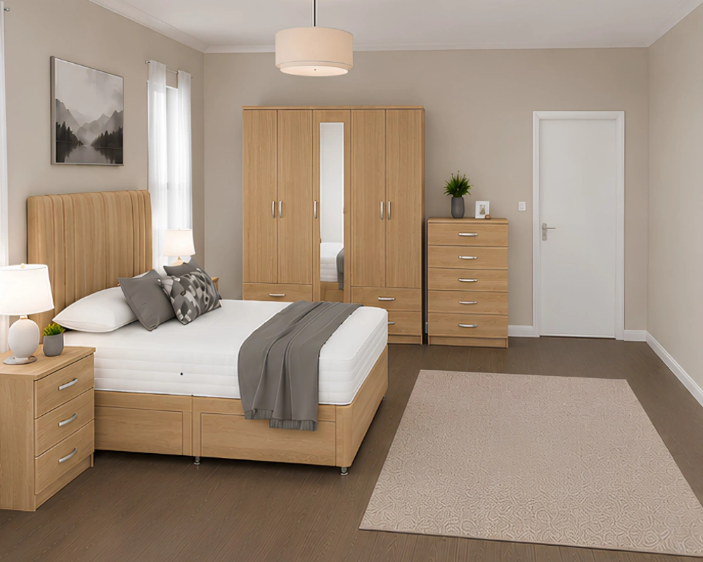 Stylish Bedroom Furniture Collection – King Size Bed, Five Door Full Length Mirror Wardrobe & Four Bottom Drawers - Image 2