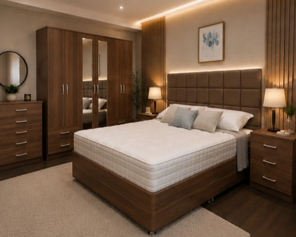Modern Bedroom Suite – King Size Bed– Six Door Wardrobe with Four Drawers – Chest of 5 Drawers – 2 Bedside Tables