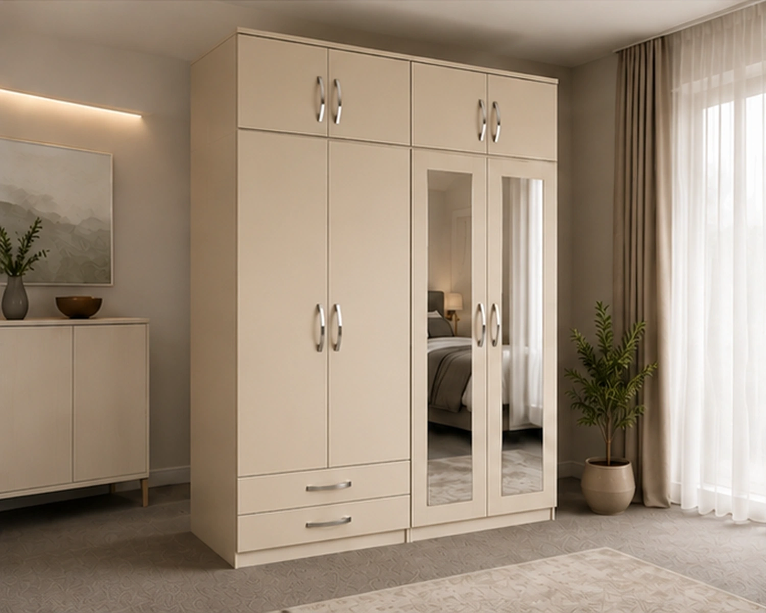 Contemporary 4 Door Wardrobe with 2 Mirrors & 4 Bottom Drawers - Image 4