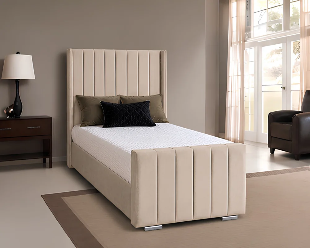 Beige Panel Single Bed – 3ft Single Size Wingback Single Bed – Modern Panel Design - Image 2