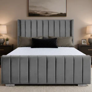 Iron Grey Double Panel Bed – Wingback Panel Bed with Mattress