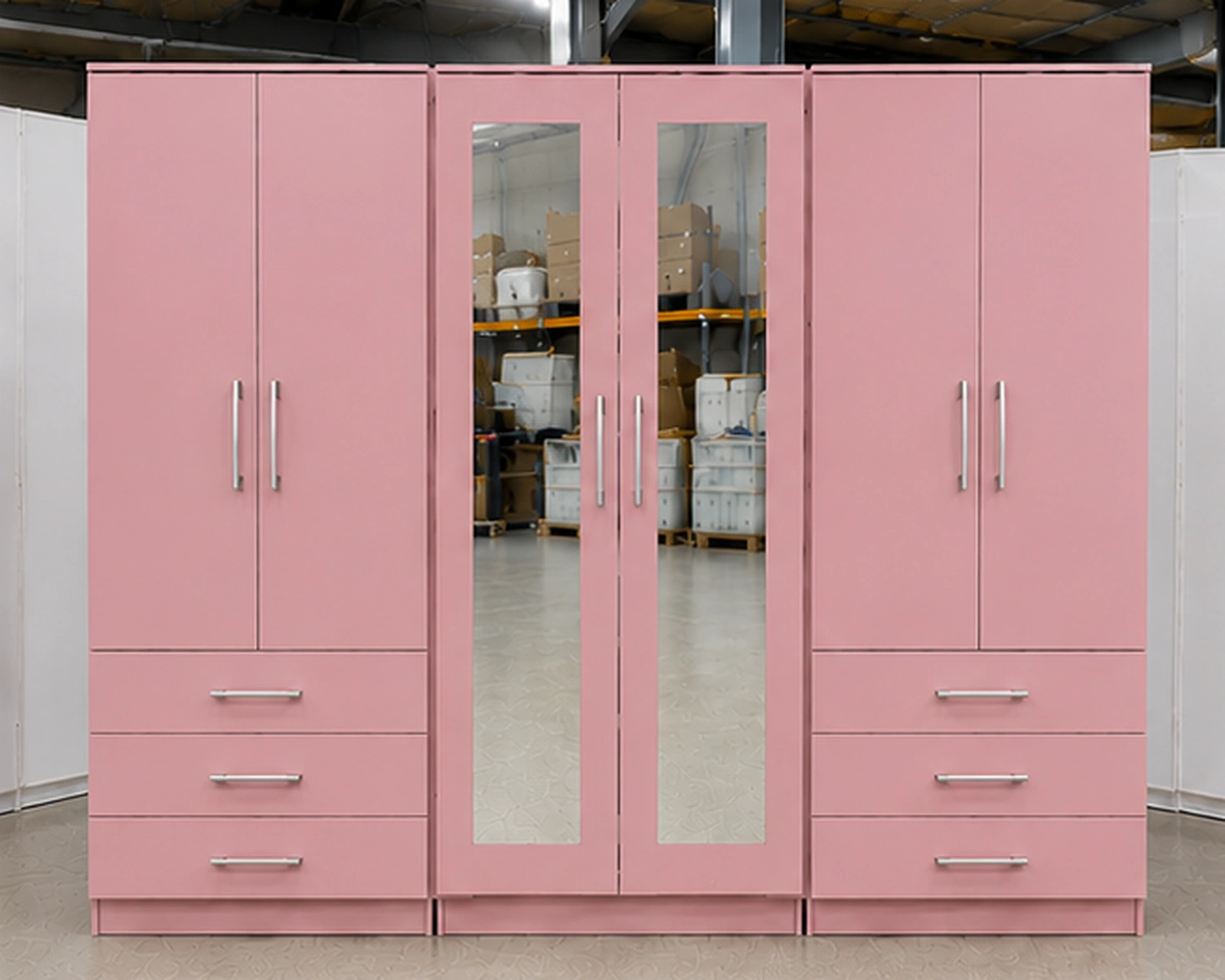 Modern 6 Door Pink Wardrobe with 6 Drawers & Double Mirrors – Stylish Bedroom Storage - Image 2