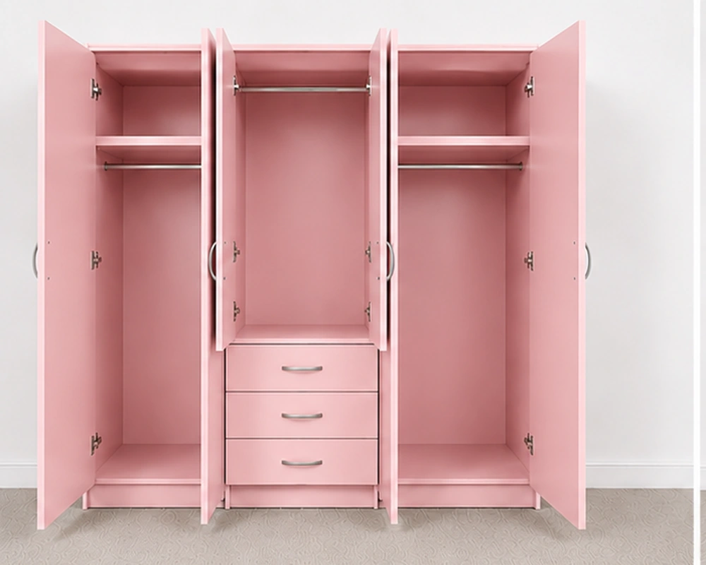 6 Door Pink Wardrobe with 3 Drawers & Mirror - Modern Bedroom Storage Cabinet - Image 4