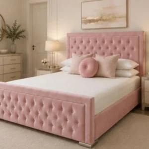 Dusty Pink Hilton 6ft Bed with Mattress – 200 × 200 cm Stylish Padded Headboard