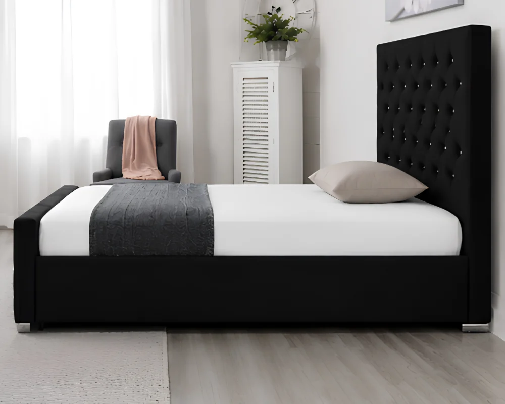 Classic Black Luxury Single Bed Frame - Florida 3ft Velvet Bed with mattress - Image 2