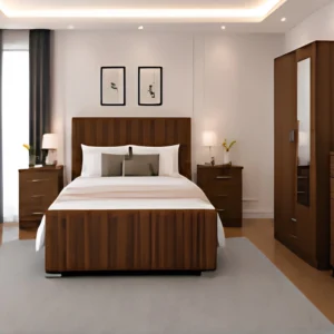 Modern King Size Bed Room Set - Two Door Mirror Wardrobe With Bottom Drawer - Chest of Five Drawers - Matching Bedside Tables