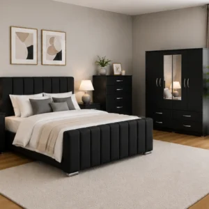 Elegant Bedroom Collection - King Size Bed - Four Door Mirror Wardrobe With Bottom Drawers - Chest of Five Drawers - Two Bedside Tables