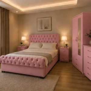 Classic Bedroom Furniture Set - King Size Bed - Two Door Mirror Wardrobe With Bottom Drawer - Chest of Five Drawers - Two Bedside Tables