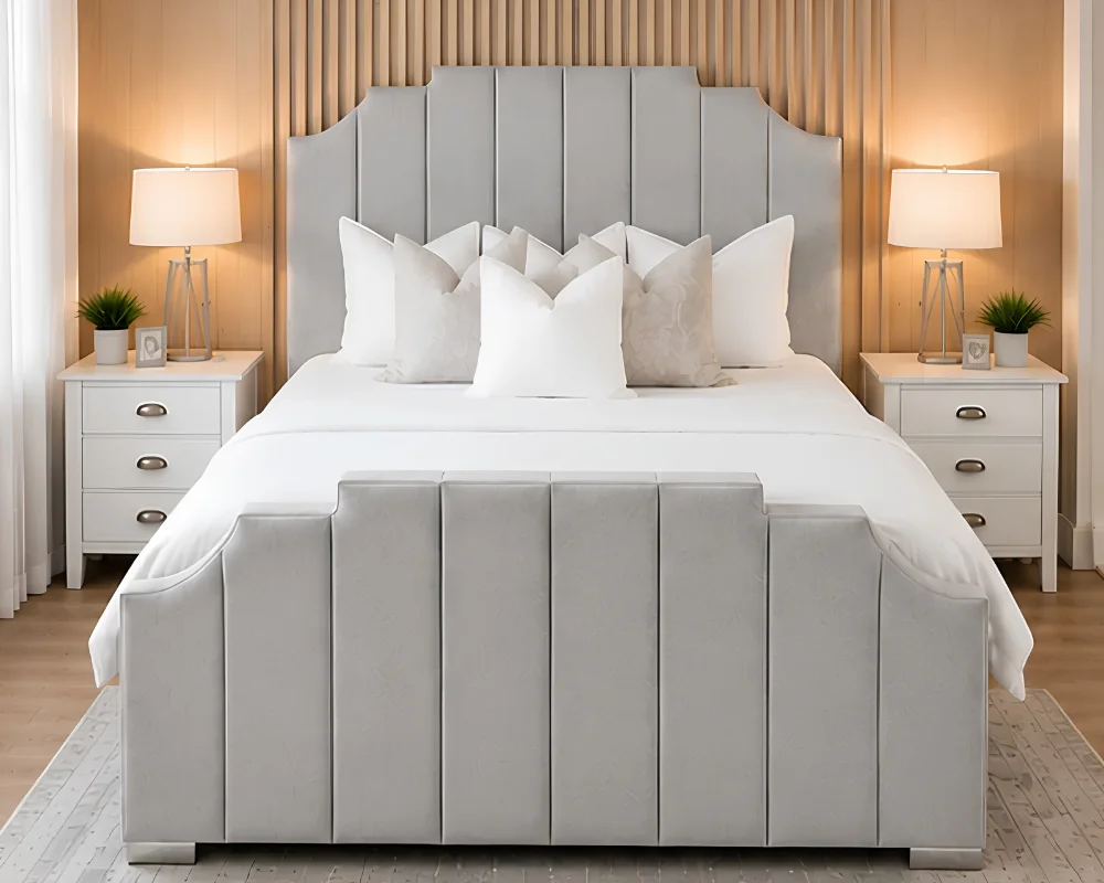 Elegant Light Grey Arizona Double Bed Frame - Velvet & Leather-Bed with Mattress - Image 3
