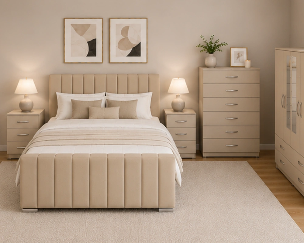 Premium Bedroom Set - King Size Bed - 4 Door Mirror Wardrobe - Five Drawer Chest - Bedside Table Pair - Image 4