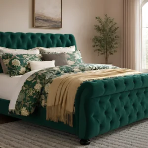 Modern Dark Green Sleigh King Size Bed Frame - Luxury 5ft Bed with mattress