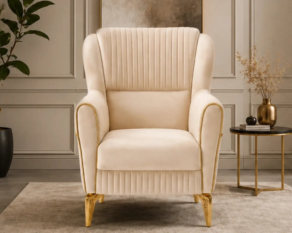 Luxury Cream Wingback Accent Chair – Fluted Upholstery with Gold Trim & Elegant Legs - Image 4