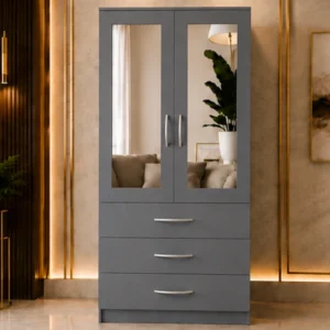 Modern Iron Grey 2 Door Mirrored Wardrobe with 3 Drawers - Smart Living Two Door Wardrobe Cabinet