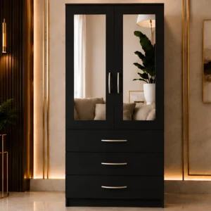 Modern Black 2 Door Mirrored Wardrobe with 3 Drawers - Elegant Home Storage Wardrobe with Mirrors