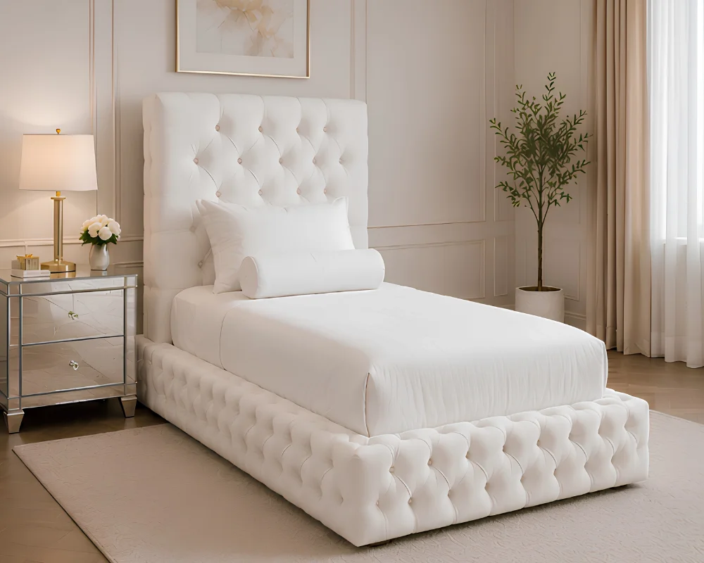 Premium White Upholstered Single Bed with mattress – Stylish Tufted Headboard & Footboard - Image 2